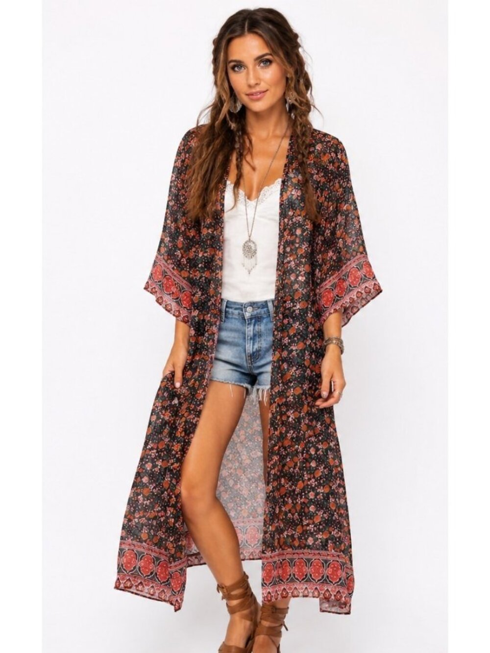 Vintage Floral Boho Kimono Duster Maxi Cardigan Sheer Open Front Cottagecore